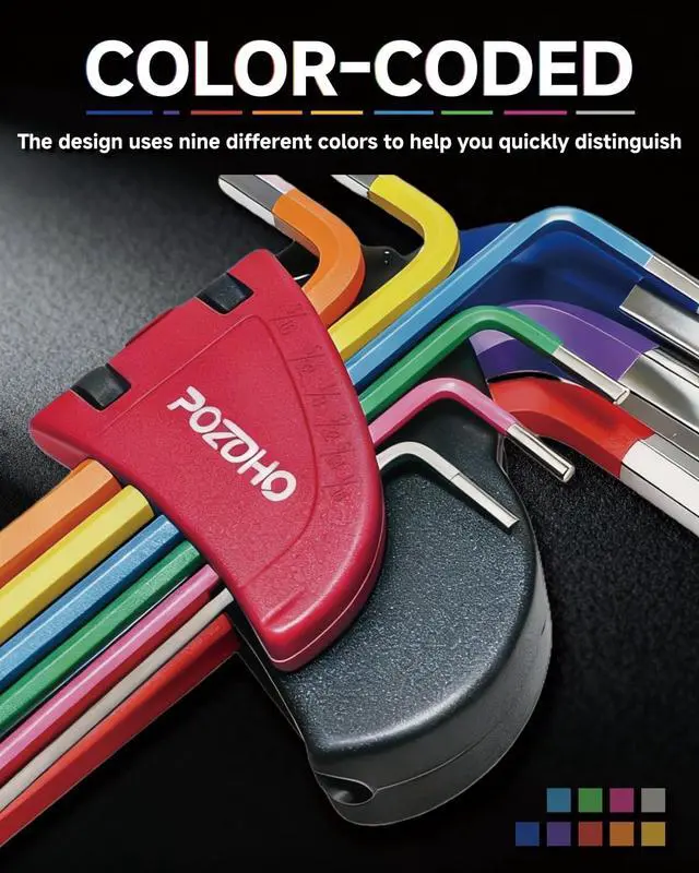 Alt view image 3 of 7 - 10-Piece Extra-Long Arm SAE(1/16"-3/8") Hex Key Set | Color-Coded Ball End Allen Wrench with Torque Handle | Cr-V Steel, Anti-Rust for Motorcycle, Bike, Car & DIY, PTM01010B