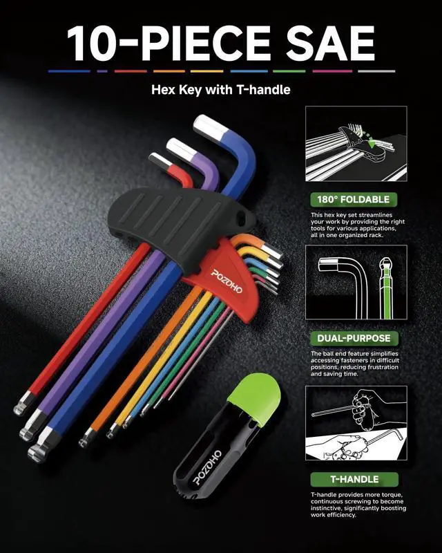 Alt view image 5 of 7 - 10-Piece Extra-Long Arm SAE(1/16"-3/8") Hex Key Set | Color-Coded Ball End Allen Wrench with Torque Handle | Cr-V Steel, Anti-Rust for Motorcycle, Bike, Car & DIY, PTM01010B