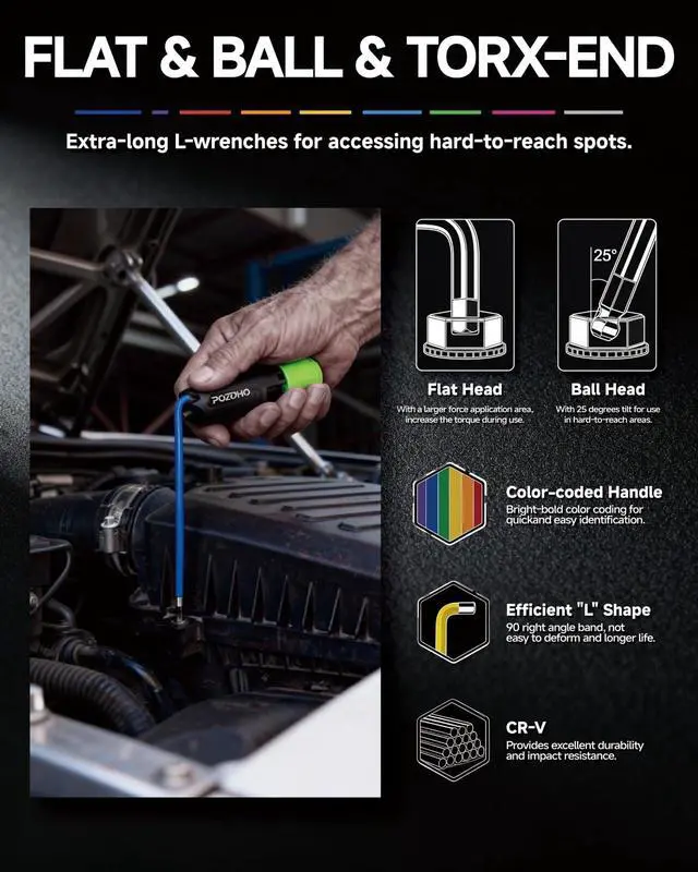 Alt view image 4 of 7 - 10-Piece Extra-Long Arm SAE(1/16"-3/8") Hex Key Set | Color-Coded Ball End Allen Wrench with Torque Handle | Cr-V Steel, Anti-Rust for Motorcycle, Bike, Car & DIY, PTM01010B