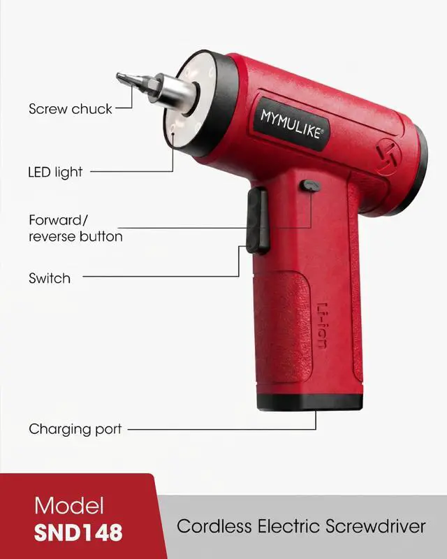 Alt view image 4 of 7 - Red Cordless Electric Screwdriver, 4V Rechargeable Mini Power Drill Set, 23-Piece Bit Set for Home Use, Furniture Assembly & Daily DIY Projects