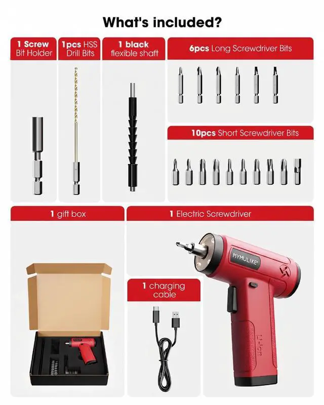 Alt view image 5 of 7 - Red Cordless Electric Screwdriver, 4V Rechargeable Mini Power Drill Set, 23-Piece Bit Set for Home Use, Furniture Assembly & Daily DIY Projects