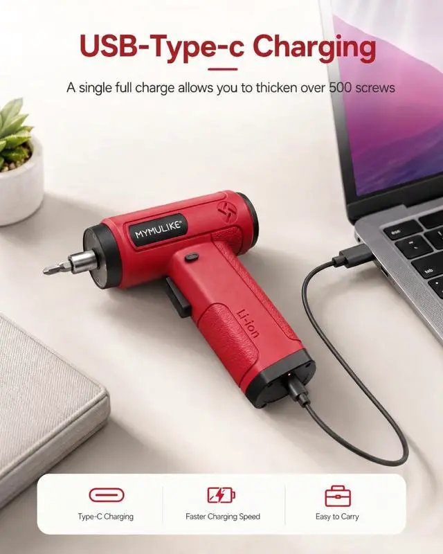 Alt view image 7 of 7 - Red Cordless Electric Screwdriver, 4V Rechargeable Mini Power Drill Set, 23-Piece Bit Set for Home Use, Furniture Assembly & Daily DIY Projects