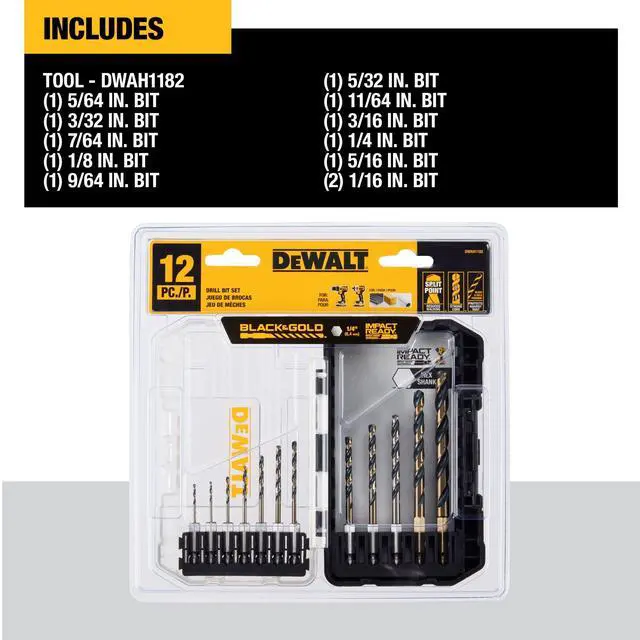 Alt view image 5 of 7 - 12 Pc Black and Gold Drill Bit Set, Premium Finish Impact Driver Bit Set for Metal, Plastic and Wood (DWAH1182)