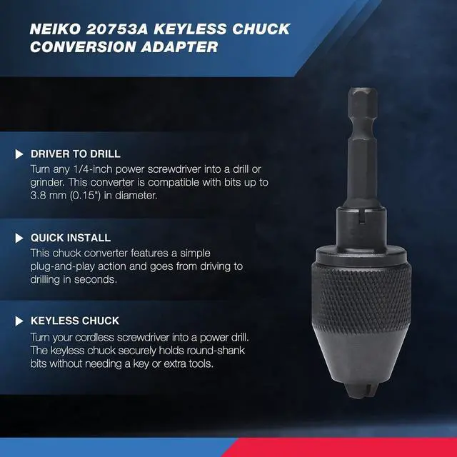 Alt view image 2 of 6 - 20753A Keyless Drill Chuck for Impact Driver, Chuck Conversion Adapter, 1/4 Hex Shank, Convert Cordless Screwdrivers into Power Drills in Seconds, For Round-Shank Drill Bits, No Keys Needed