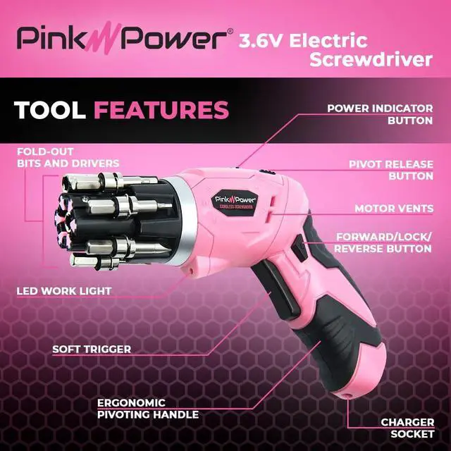 Alt view image 2 of 6 - Electric Screwdriver Cordless Mini Drill Set for Women | 4V Rechargeable Small Screw Driver with Bubble Level, LED Light, Pivotal Handle, and Fold-Out Bits
