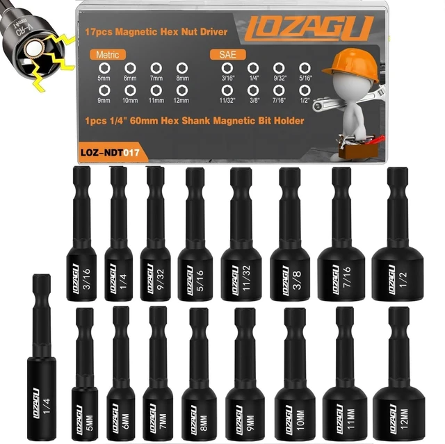 Main image of 17PCS Magnetic Nut Driver Set | SAE and Metric | Premium Impact Power Hex Nut Driver Drill Bit Master Kit | 1/4 Inch Hex Shank | Cr-V Steel (17PCS Magnetic Nut Driver (Short))