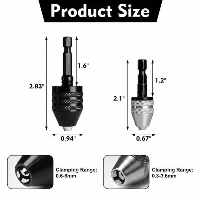 Alt view image 2 of 7 - 2 PCS Keyless Drill Chuck Adapter, 1/4" Hex Shank Quick Change Drill Bit Chuck Adapter Converter, 0.3-3.6mm & 0.6-8mm for Impact Driver & Drill