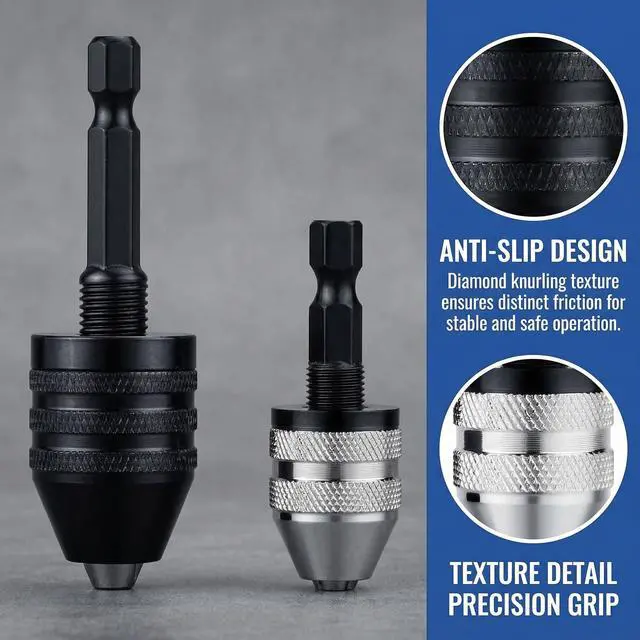 Alt view image 3 of 7 - 2 PCS Keyless Drill Chuck Adapter, 1/4" Hex Shank Quick Change Drill Bit Chuck Adapter Converter, 0.3-3.6mm & 0.6-8mm for Impact Driver & Drill