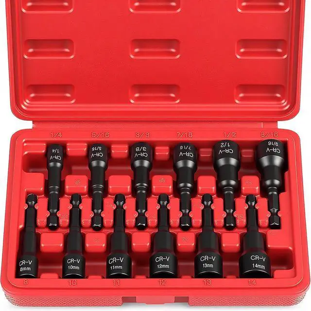Main image of 12-Piece Magnetic Nut Driver Set - Premium Impact Power Hex Nut Driver Drill Bit Master Kit, SAE & Metric, 1/4-Inch Quick-Change