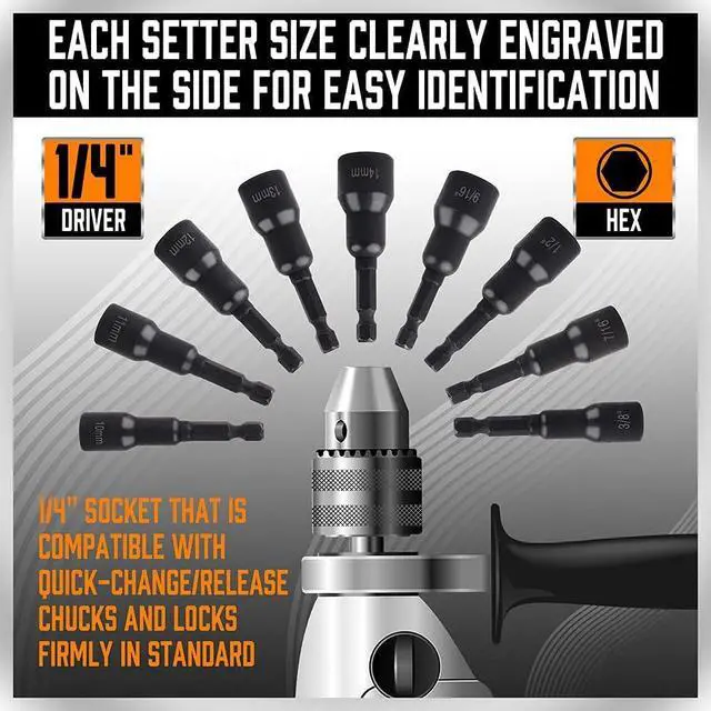 Alt view image 4 of 7 - 12-Piece Magnetic Nut Driver Set - Premium Impact Power Hex Nut Driver Drill Bit Master Kit, SAE & Metric, 1/4-Inch Quick-Change