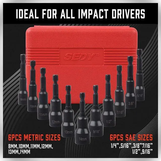 Alt view image 5 of 7 - 12-Piece Magnetic Nut Driver Set - Premium Impact Power Hex Nut Driver Drill Bit Master Kit, SAE & Metric, 1/4-Inch Quick-Change