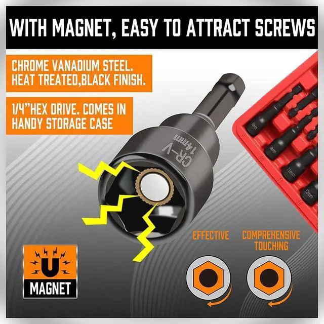 Alt view image 6 of 7 - 12-Piece Magnetic Nut Driver Set - Premium Impact Power Hex Nut Driver Drill Bit Master Kit, SAE & Metric, 1/4-Inch Quick-Change