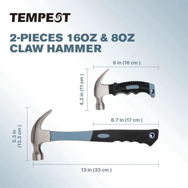 Alt view image 2 of 7 - 2-Piece Claw Hammer Set, 16 oz General Purpose & 8 oz Stubby Mini Hammer, Drop-Forged Carbon Steel, Non-Slip Handle, Curved Claw Hammer Set for Construction, Woodworking & Home Repair