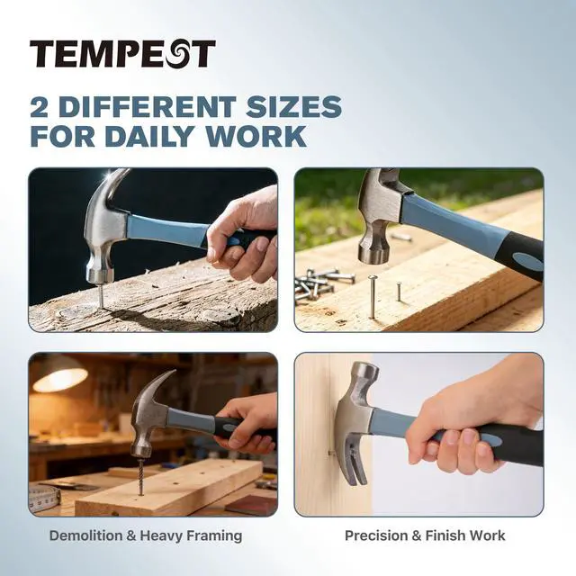 Alt view image 5 of 7 - 2-Piece Claw Hammer Set, 16 oz General Purpose & 8 oz Stubby Mini Hammer, Drop-Forged Carbon Steel, Non-Slip Handle, Curved Claw Hammer Set for Construction, Woodworking & Home Repair