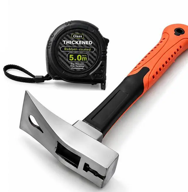 Main image of 16 ft (5-Meters) Tape Measure & Magnetic Claw Hammer Tool Set | High carbon steel forged, non-slip TPR grip, bright fluorescent scale, for construction, home repair and DIY