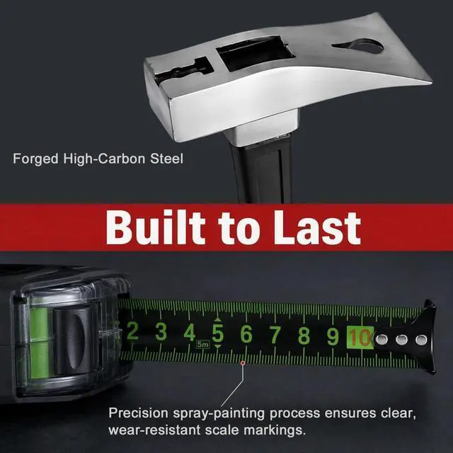Alt view image 2 of 7 - 16 ft (5-Meters) Tape Measure & Magnetic Claw Hammer Tool Set | High carbon steel forged, non-slip TPR grip, bright fluorescent scale, for construction, home repair and DIY