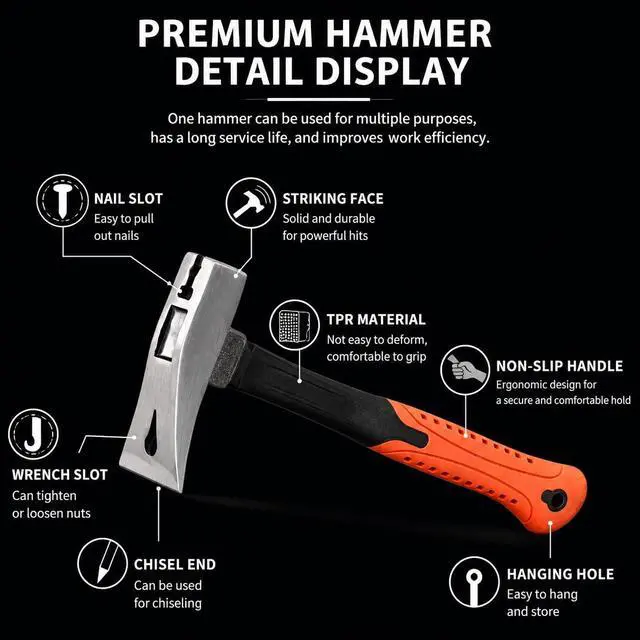Alt view image 3 of 7 - 16 ft (5-Meters) Tape Measure & Magnetic Claw Hammer Tool Set | High carbon steel forged, non-slip TPR grip, bright fluorescent scale, for construction, home repair and DIY