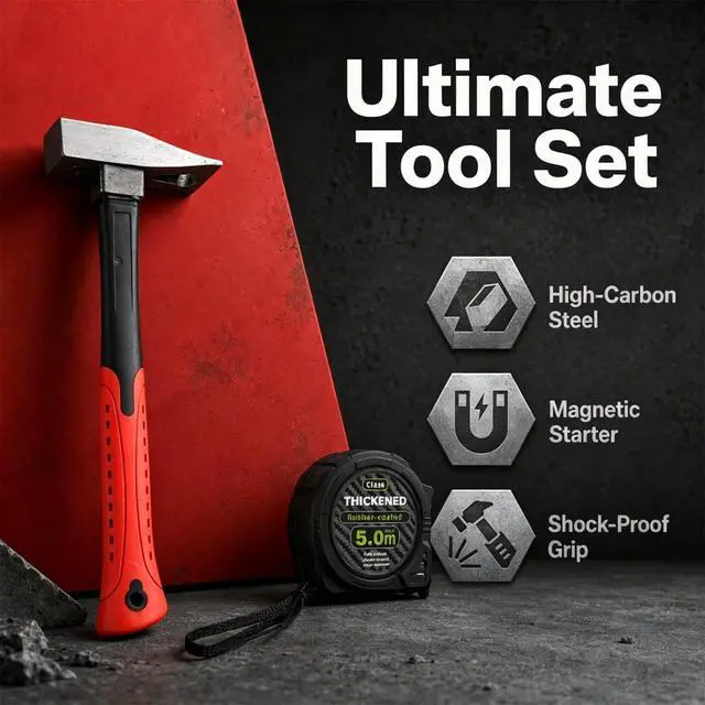 Alt view image 4 of 7 - 16 ft (5-Meters) Tape Measure & Magnetic Claw Hammer Tool Set | High carbon steel forged, non-slip TPR grip, bright fluorescent scale, for construction, home repair and DIY