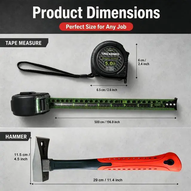 Alt view image 6 of 7 - 16 ft (5-Meters) Tape Measure & Magnetic Claw Hammer Tool Set | High carbon steel forged, non-slip TPR grip, bright fluorescent scale, for construction, home repair and DIY