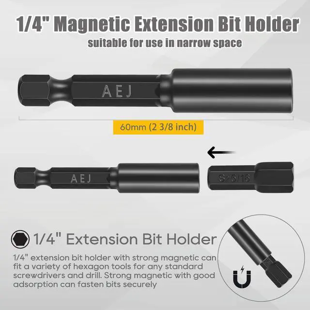 Alt view image 4 of 7 - AEJ 49-Pack Screwdriver Bit Set, Hex Bit Set, Hex Head Drill Bits Set | S2 Steel, SAE/Metric Hex Bits, Torx/Square/Slotted/Phillips Bit Set with 1/4" Bit Holder, 1/4 Hex Shank, 1"Long
