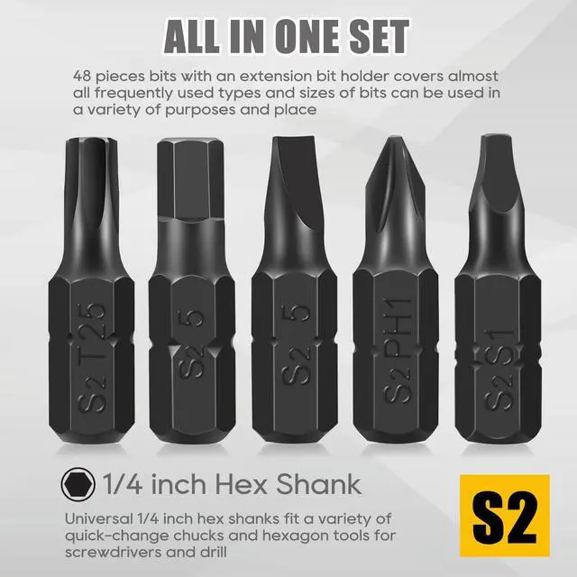 Alt view image 5 of 7 - AEJ 49-Pack Screwdriver Bit Set, Hex Bit Set, Hex Head Drill Bits Set | S2 Steel, SAE/Metric Hex Bits, Torx/Square/Slotted/Phillips Bit Set with 1/4" Bit Holder, 1/4 Hex Shank, 1"Long