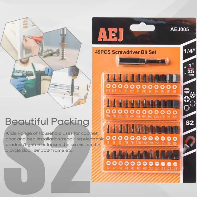 Alt view image 7 of 7 - AEJ 49-Pack Screwdriver Bit Set, Hex Bit Set, Hex Head Drill Bits Set | S2 Steel, SAE/Metric Hex Bits, Torx/Square/Slotted/Phillips Bit Set with 1/4" Bit Holder, 1/4 Hex Shank, 1"Long