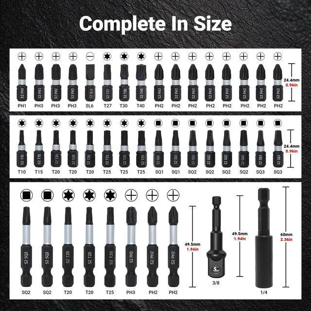 Alt view image 2 of 7 - 42-Piece Impact Screwdriver Bits Set with Phillips, Magnetic S2 Steel Phillips/Slotted/Square/Torx Insert Power Bits Tips, Impact Bit Holder with Black Storage Box Case