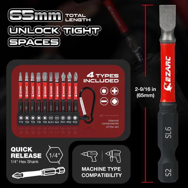 Alt view image 5 of 7 - Diamond Tip Screwdriver Bit Set, 2-9/16" Anti-Slip Bits, 10PCS | CNC Precision & S2 Steel, Torx, Phillips, Pozidriv, Slotted Bits, 1/4" Hex Shank, 2-9/16" for Tight Spaces