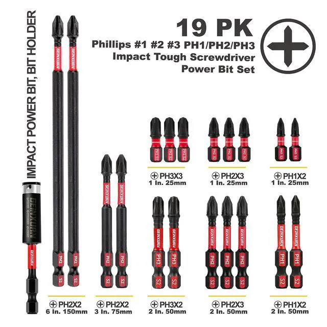 Alt view image 2 of 7 - Impact Tough Phillips Bits PH1/PH2/PH3 Insert Driver Bits,19Pack Bulk Phillips Screwdriver Bits Set with 1Pcs Impact Bit Holder