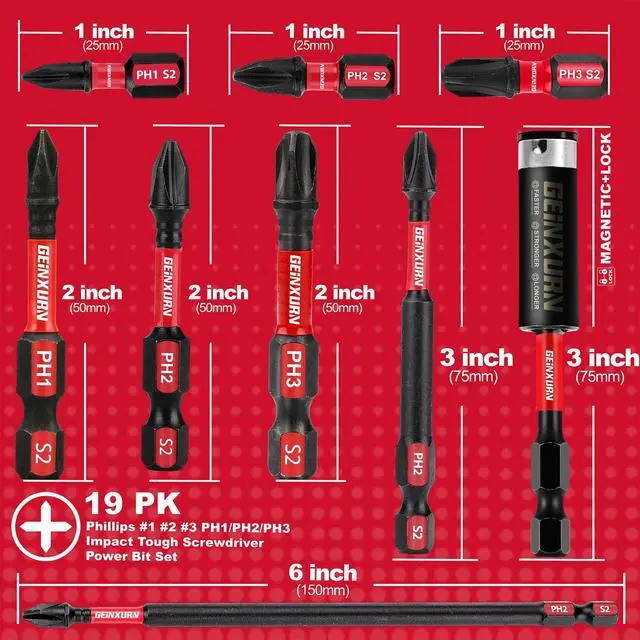 Alt view image 3 of 7 - Impact Tough Phillips Bits PH1/PH2/PH3 Insert Driver Bits,19Pack Bulk Phillips Screwdriver Bits Set with 1Pcs Impact Bit Holder