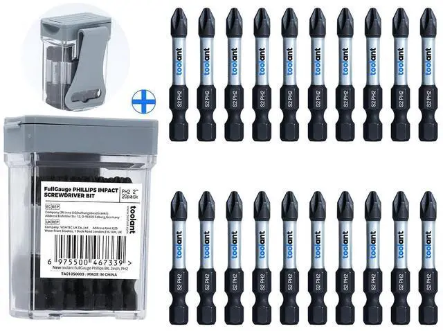 Main image of PH2 Phillips Impact Bit Set, 2 Inch, 20-Piece, Magnetic | Anti-slip Phillips tips, magnetic fastener retention, CNC-machined profile, S2 alloy steel, impact-driver use