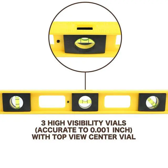 Alt view image 5 of 7 - 10101 2 Ft Level, 24 Inch Level Made in USA, Wont Scratch Surfaces | High-Impact Polystyrene Frame, 3 High-Visibility Vials, 1/8" and 1/16" Graduations, Ruled Edge for Accurate Measuring