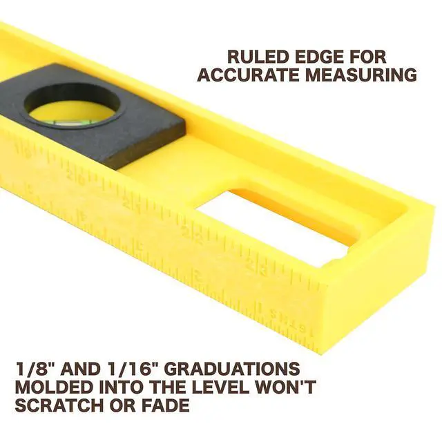 Alt view image 3 of 7 - 10101 2 Ft Level, 24 Inch Level Made in USA, Wont Scratch Surfaces | High-Impact Polystyrene Frame, 3 High-Visibility Vials, 1/8" and 1/16" Graduations, Ruled Edge for Accurate Measuring