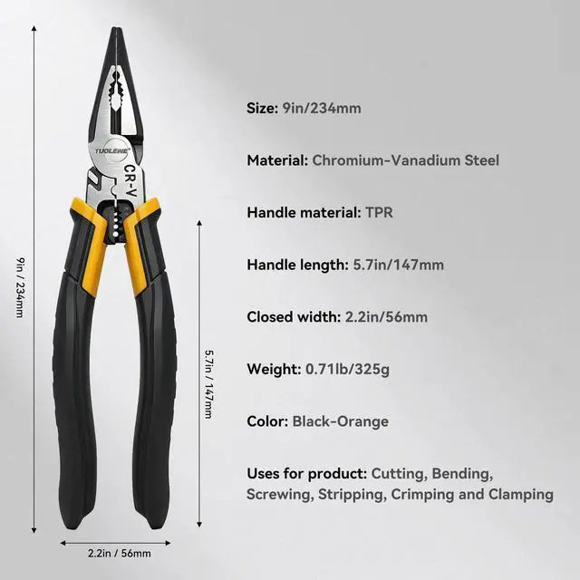 Alt view image 2 of 7 - 9 Inch Needle Nose Pliers, 6-in-1 Wire Cutter | Stripper Crimper, Enhanced Leverage & Comfort Grip, Multipurpose for Electrical Wiring