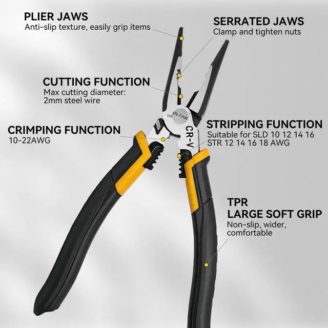 Alt view image 4 of 7 - 9 Inch Needle Nose Pliers, 6-in-1 Wire Cutter | Stripper Crimper, Enhanced Leverage & Comfort Grip, Multipurpose for Electrical Wiring