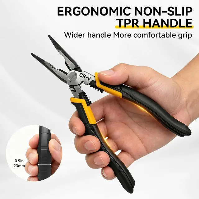 Alt view image 7 of 7 - 9 Inch Needle Nose Pliers, 6-in-1 Wire Cutter | Stripper Crimper, Enhanced Leverage & Comfort Grip, Multipurpose for Electrical Wiring