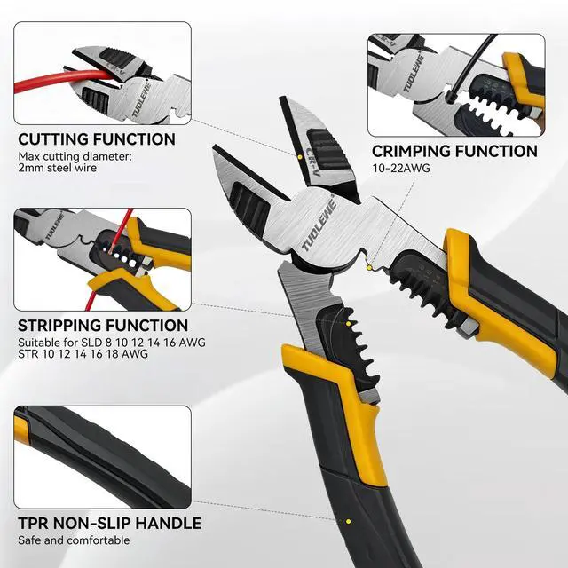 Alt view image 3 of 7 - 8 Inch 3-in-1 Wire Cutters, Heavy Duty Diagonal Cutting Pliers | with Wire Stripper & Crimper, CR-V Steel, High Leverage, Large Soft Grip, for Electricians and Home Use
