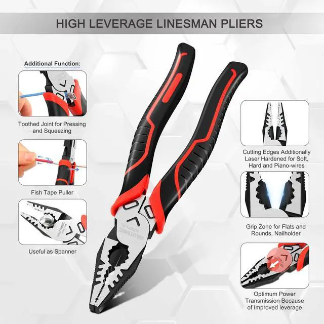 Alt view image 2 of 6 - 9" Linesman Pliers High Leverage Combination Pliers Multifunctional Heavy Duty Lineman Tools HT0271-PL