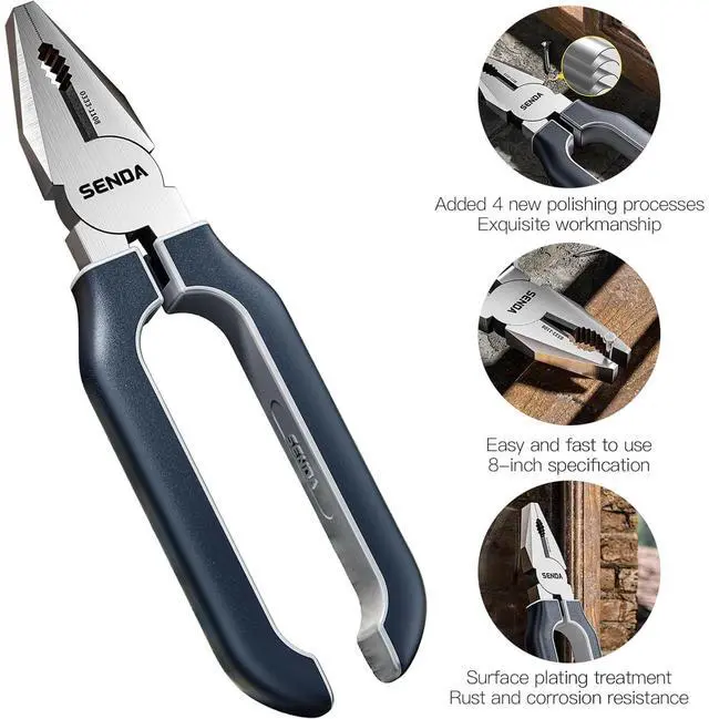 Alt view image 5 of 7 - 8" Lineman Pliers, High Leverage Combination Pliers, Heavy-Duty CRV Steel with Wire Cutter & Soft Grip Handle