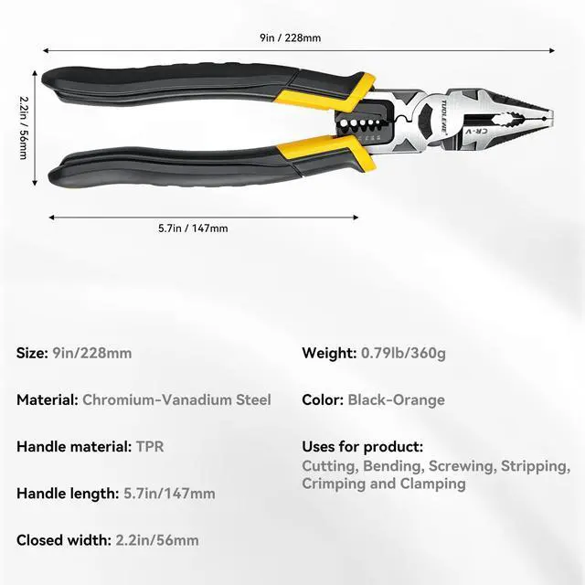 Alt view image 2 of 7 - 9-Inch 6-in-1 Linesman Pliers CR-V Steel Wire Cutter | Electrician's Combination Pliers, Stripper, Crimper & Bolt Cutter Combo