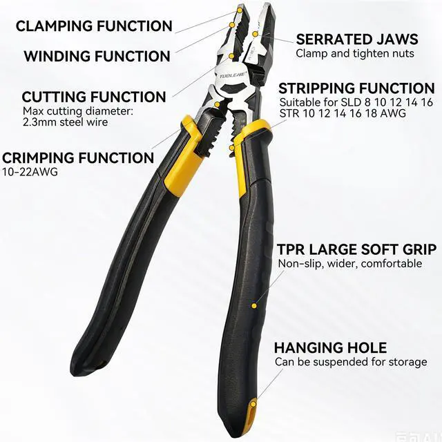 Alt view image 4 of 7 - 9-Inch 6-in-1 Linesman Pliers CR-V Steel Wire Cutter | Electrician's Combination Pliers, Stripper, Crimper & Bolt Cutter Combo