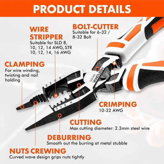 Alt view image 3 of 7 - 10-in-1 Long Nose Pliers, 8 Multipurpose Combination Pliers | Wire Cutter/Crimper/Stripper, CRV Steel, Heavy Duty Side-Cutting Pliers for Crimping, Stripping, Shearing, Deburring, 3239