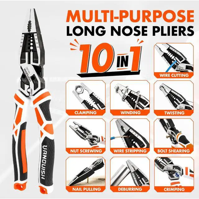 Alt view image 4 of 7 - 10-in-1 Long Nose Pliers, 8 Multipurpose Combination Pliers | Wire Cutter/Crimper/Stripper, CRV Steel, Heavy Duty Side-Cutting Pliers for Crimping, Stripping, Shearing, Deburring, 3239