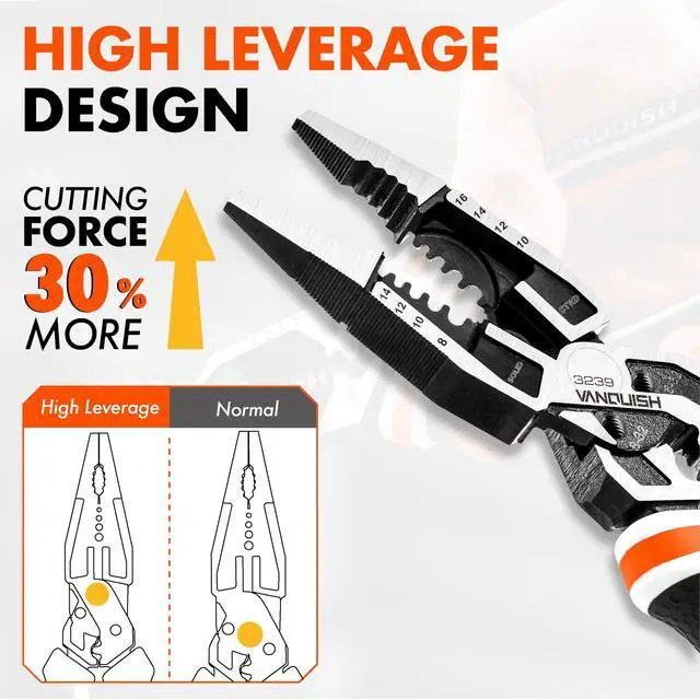 Alt view image 5 of 7 - 10-in-1 Long Nose Pliers, 8 Multipurpose Combination Pliers | Wire Cutter/Crimper/Stripper, CRV Steel, Heavy Duty Side-Cutting Pliers for Crimping, Stripping, Shearing, Deburring, 3239