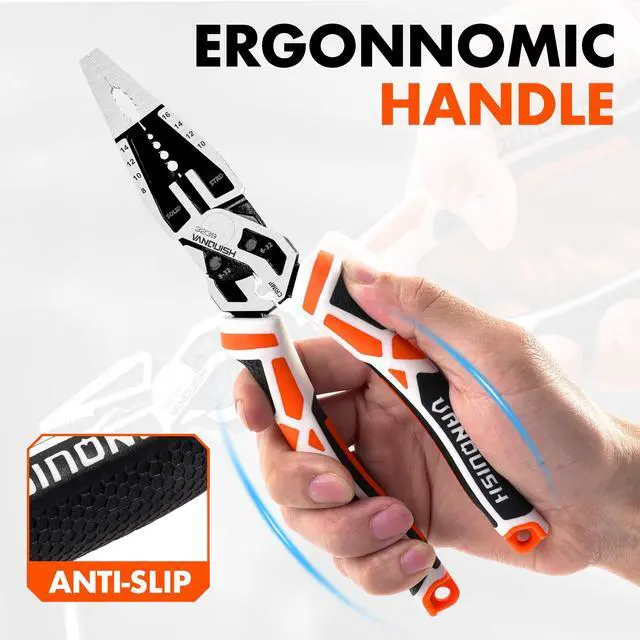 Alt view image 7 of 7 - 10-in-1 Long Nose Pliers, 8 Multipurpose Combination Pliers | Wire Cutter/Crimper/Stripper, CRV Steel, Heavy Duty Side-Cutting Pliers for Crimping, Stripping, Shearing, Deburring, 3239