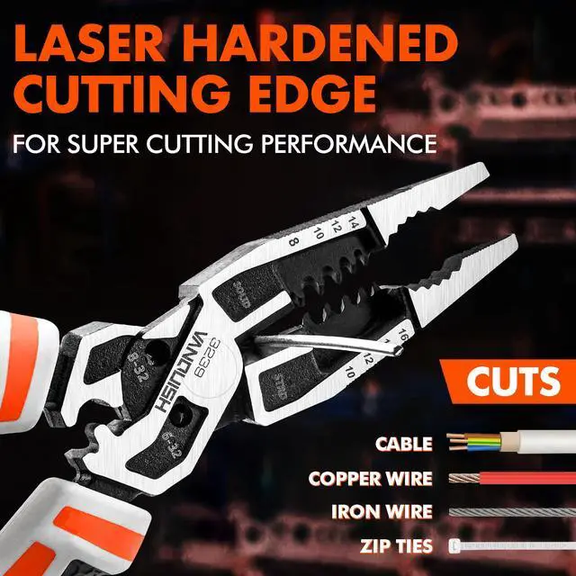 Alt view image 6 of 7 - 10-in-1 Long Nose Pliers, 8 Multipurpose Combination Pliers | Wire Cutter/Crimper/Stripper, CRV Steel, Heavy Duty Side-Cutting Pliers for Crimping, Stripping, Shearing, Deburring, 3239