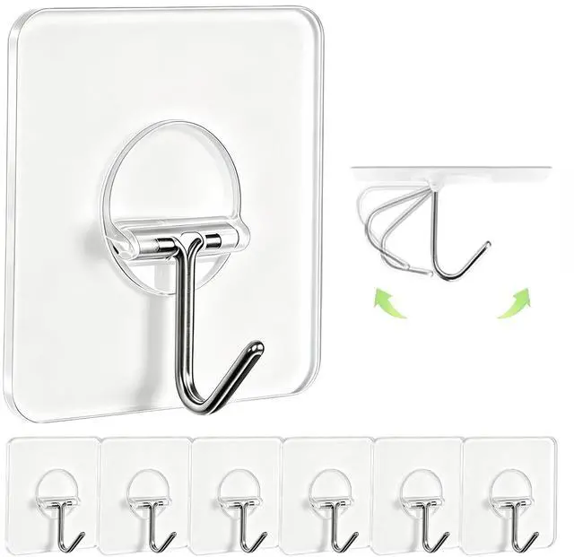 Main image of Adhesive Wall Hooks No Drill Clear Heavy Duty,13LB Sticky 8 Pack | Waterproof Transparent Sticky Hooks for Hanging,13lbs Max Load No Damage,Ideal for Towel,Coat,Bathroom,Kitchen,Home