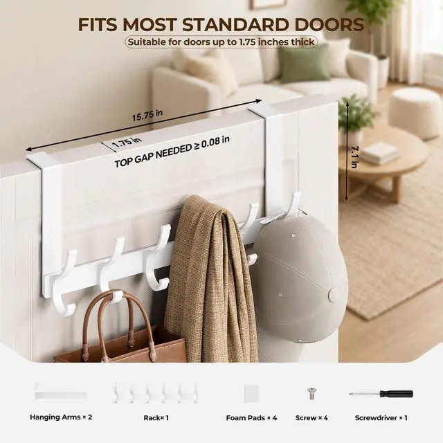 Alt view image 2 of 7 - Over The Door Hooks, Door Hanger Hooks for Hanging, Over The Doors Towel Racks for Bathroom, Coat Rack Dorm Essentials (1Pack, White, Fit 1-3/4" Doors)