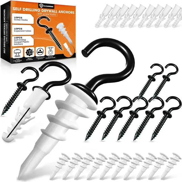 Main image of 10PCS Screw Hooks + Self-Drilling Drywall Anchor, Expansion Tubes | Coated Ceiling Hooks, Heavy-Duty Eye Hook, Screw-in Hook for Hanging Plants, String Lights, Cup, Key