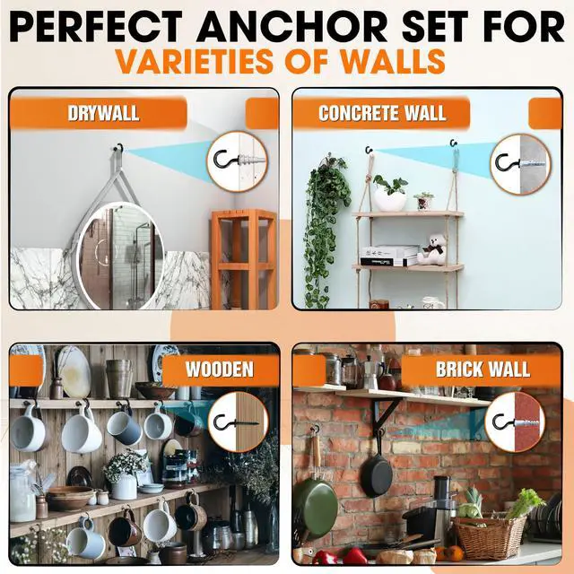 Alt view image 2 of 7 - 10PCS Screw Hooks + Self-Drilling Drywall Anchor, Expansion Tubes | Coated Ceiling Hooks, Heavy-Duty Eye Hook, Screw-in Hook for Hanging Plants, String Lights, Cup, Key
